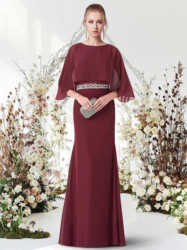 Etui-Linie/Säule, minimalistisch, elegant, Verlobung, formelles Abendkleid, Rundhalsausschnitt, halbe Ärmel, bodenlang, Chiffon mit Schärpe/Band
